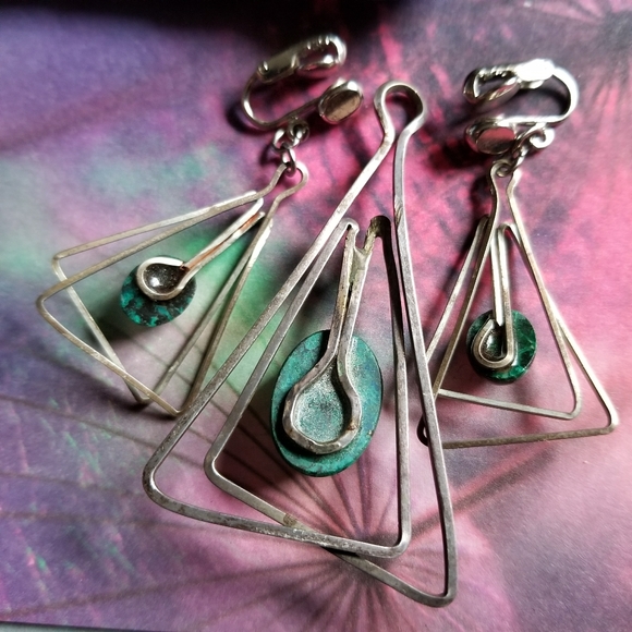 Vintage Chrysoccola set earrings pendant silver tone gemstone green - Picture 7 of 8